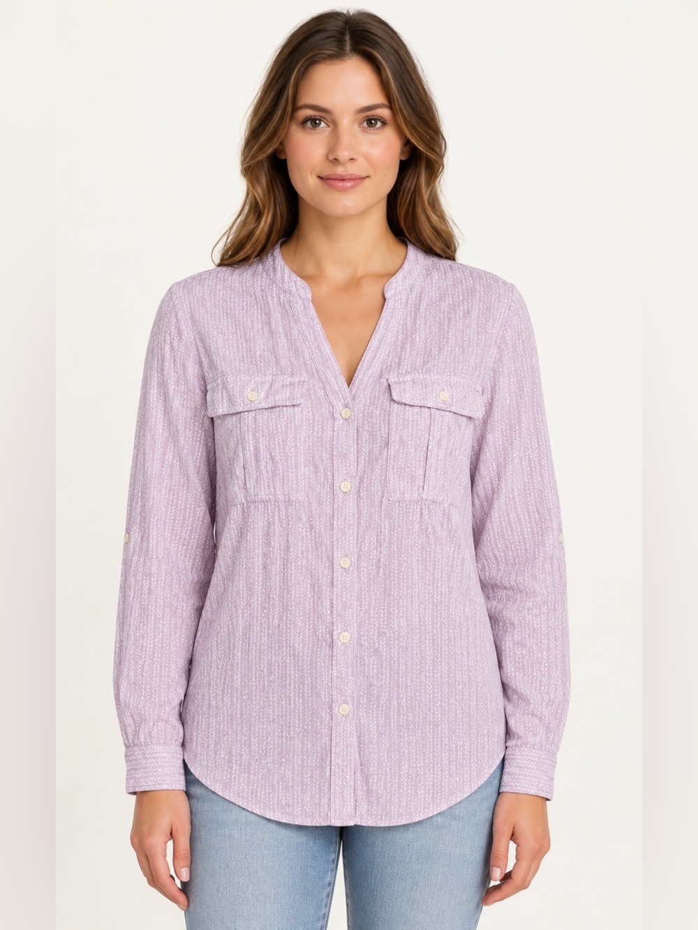 L.L.Bean Small Organic Cotton Purple Geometric Roll Tab Button Up Shirt